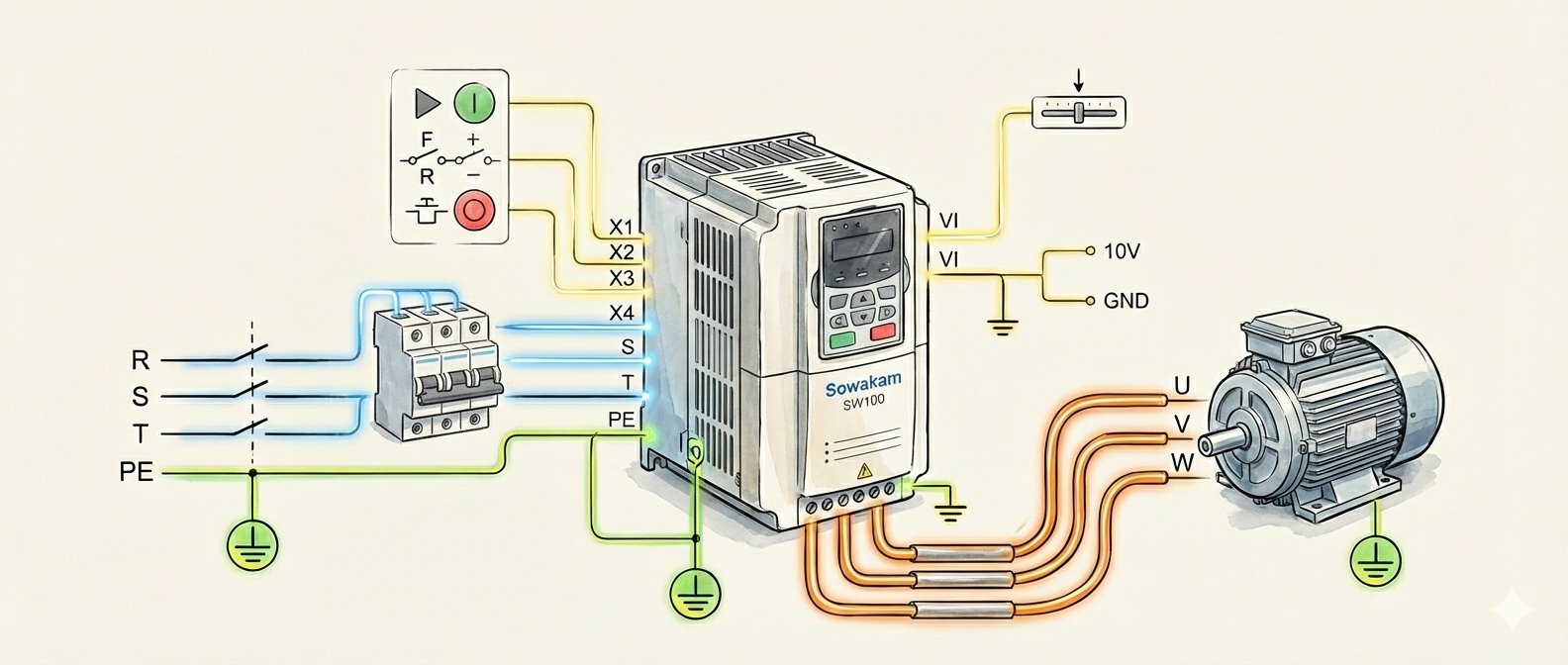 Sowakam SW100 frekvenciaváltó bekötési rajz – tápellátás, vezérlő bemenetek, potenciométer és motor csatlakoztatás