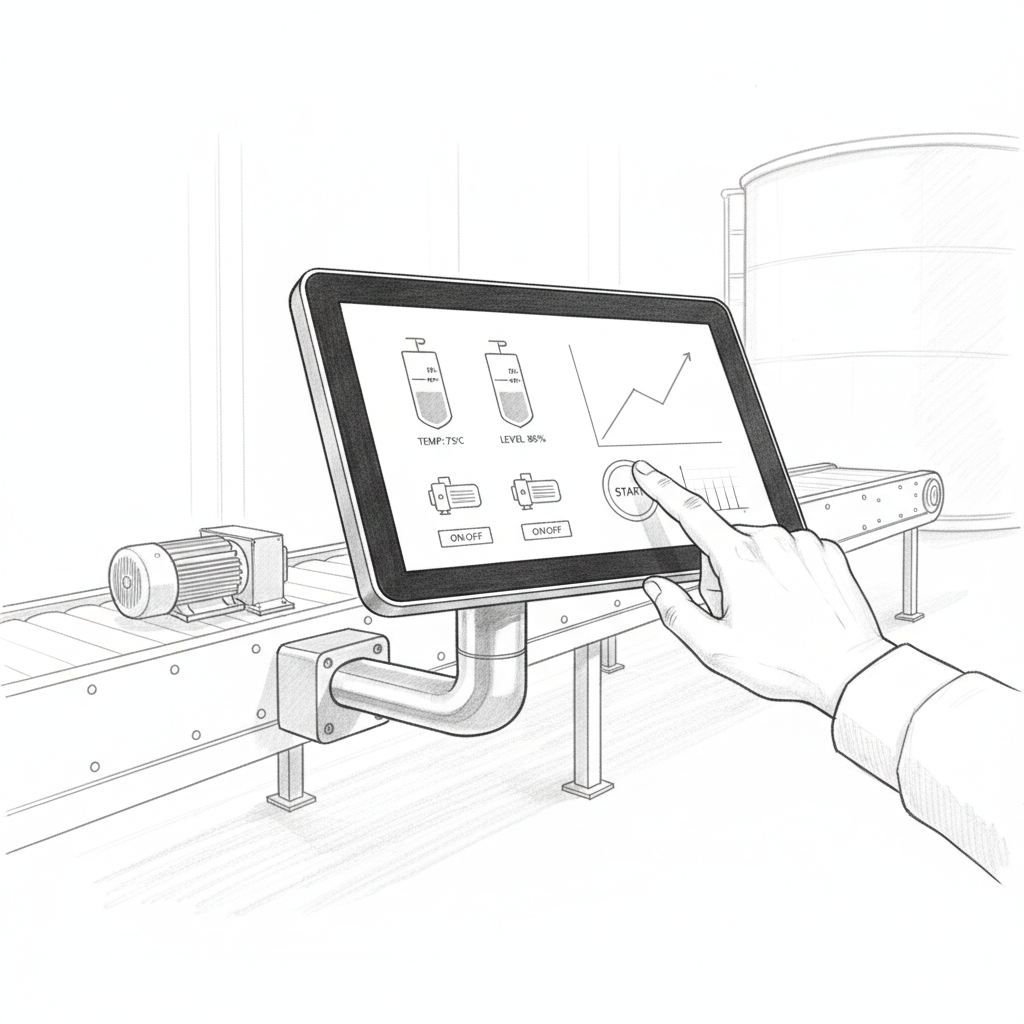 Modern ipari érintőképernyős HMI panel egy gyártósor mellett
