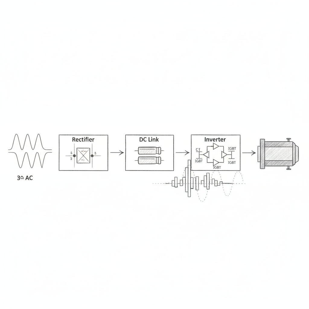 A frekvenciaváltó három fő egysége: egyenirányító, DC közbensőkör, inverter