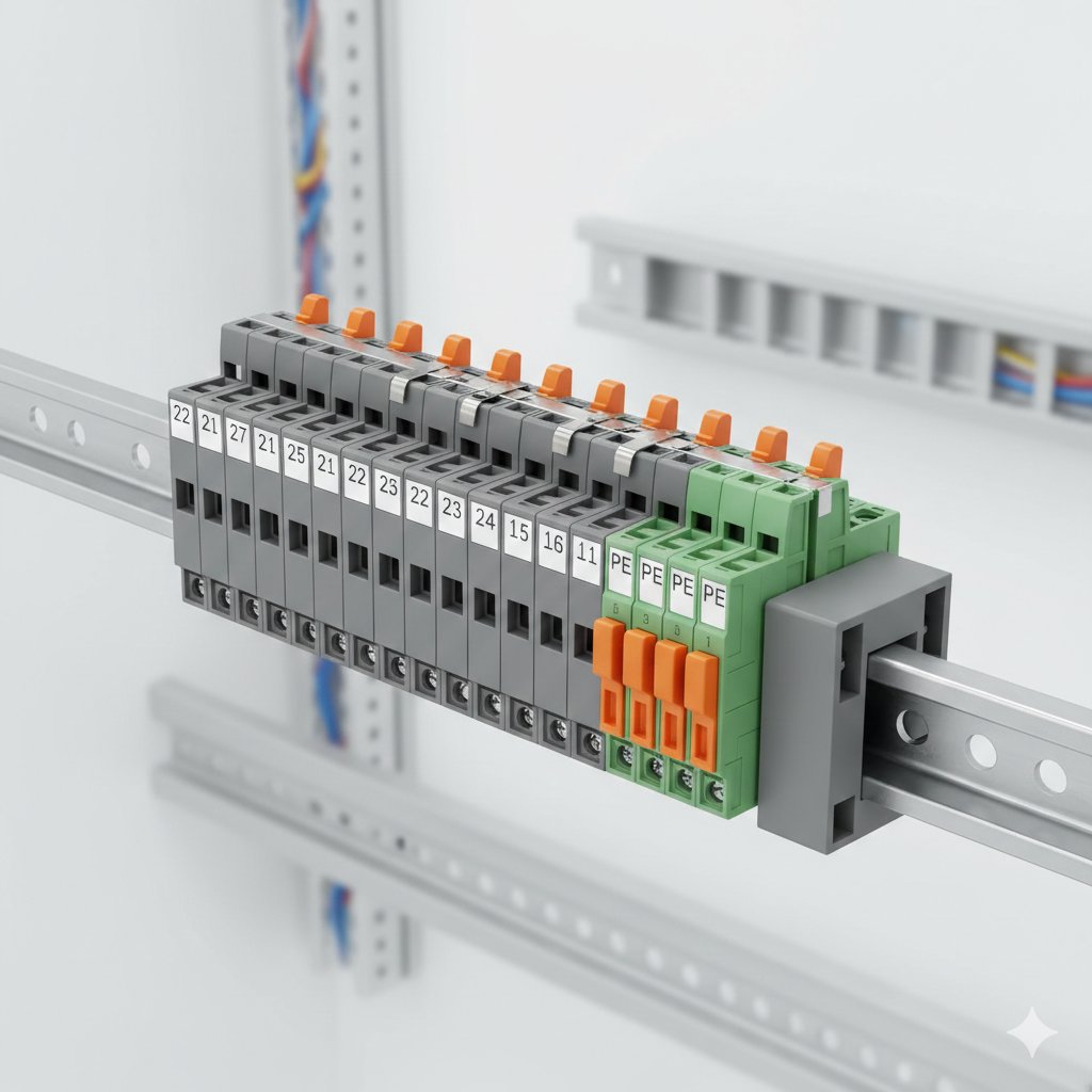 DIN-sínes push-in sorkapcsok – átmenő és földelő (PE) kivitel kapcsolószekrényben, jelölt kötési pontok – PLCshop.hu